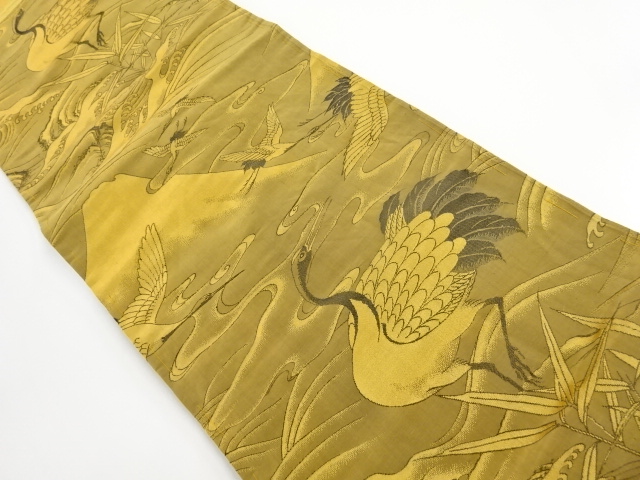 アンティーク　富士に波・群鶴模様織り出し名古屋帯（材料）